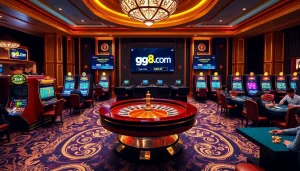 Players enjoying games at GG88 com's luxurious casino, featuring roulette and slot machines.