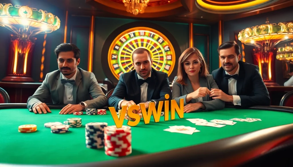 Experience the thrill of vswin at an intense poker table surrounded by professional gamblers.