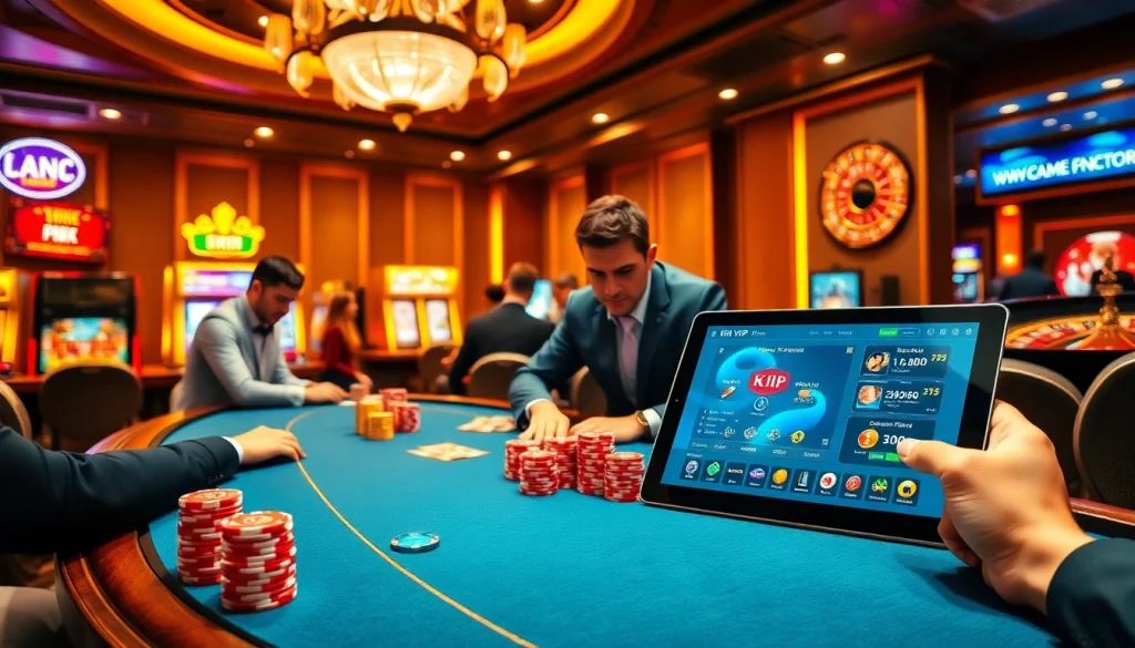 Players enjoying a high-stakes poker game at rik vip casino, showcasing professional dealers and vibrant atmosphere.