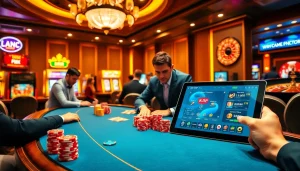 Players enjoying a high-stakes poker game at rik vip casino, showcasing professional dealers and vibrant atmosphere.