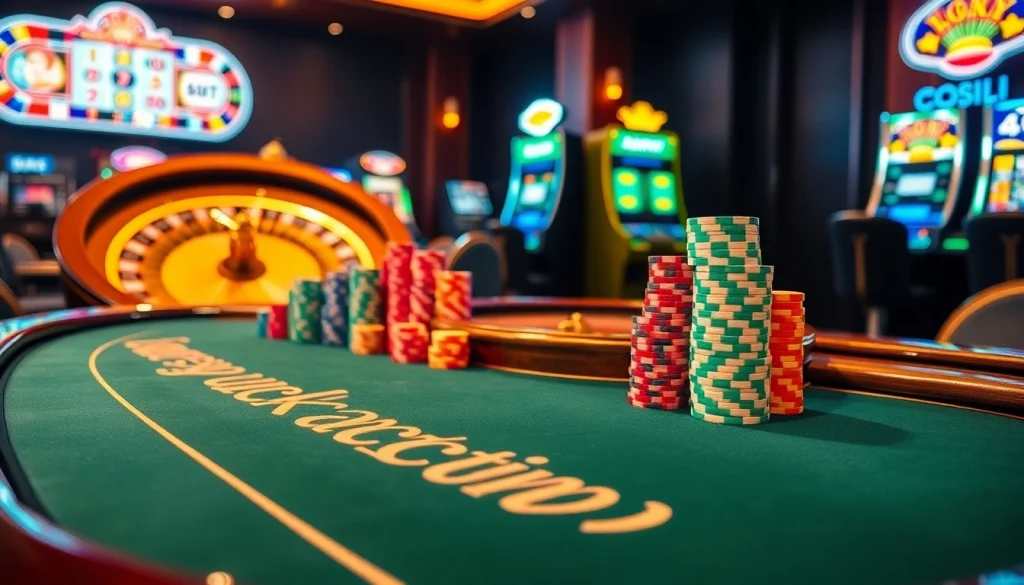 Playing high-stakes poker in a vibrant casino atmosphere at Luckywin, showcasing exciting chips and roulette.