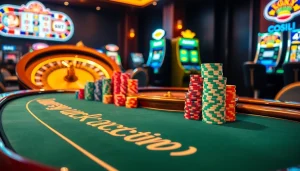 Playing high-stakes poker in a vibrant casino atmosphere at Luckywin, showcasing exciting chips and roulette.