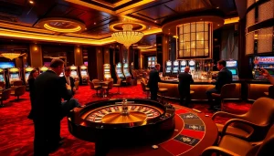 Exciting gaming scene at iwin club featuring lavish poker tables and roulette wheels.