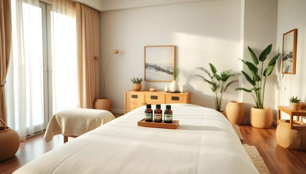 출장마사지 scene in a calm home setting with massage table and soothing decor.