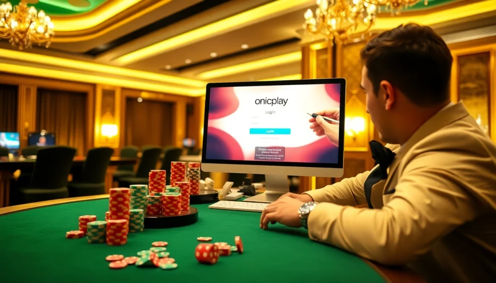 Login to onicplay featuring vibrant casino elements and a professional gambler at work.