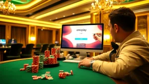 Login to onicplay featuring vibrant casino elements and a professional gambler at work.