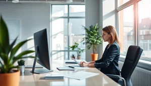 Profesjonalna księgowa przy biurku w Biurze rachunkowym, ukazująca sumienność i ekspertyzę.