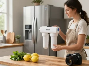 Woman installing Waterdrop EDR1RXD1 Replacement for Everydrop® Filter 1 in a modern kitchen.