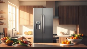 Refrigerator in a modern kitchen, showcasing sleek design and fresh ingredients.
