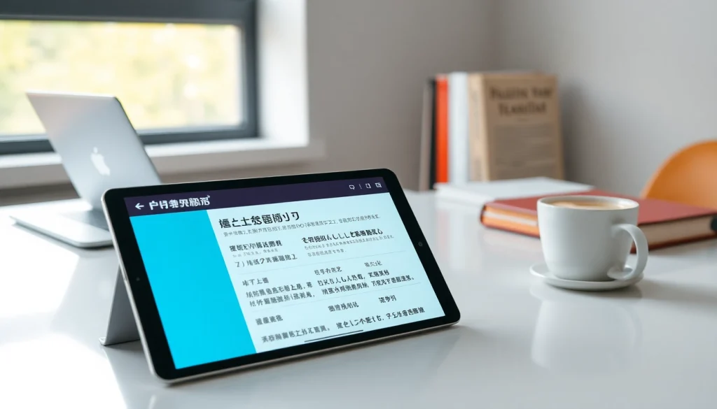 Modern digital translation interface of 有道翻译 app in a professional workspace.