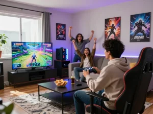 Exciting gaming experience showcasing the link tải sun win mới nhất in a vibrant living room setting with friends, snacks, and lively atmosphere.