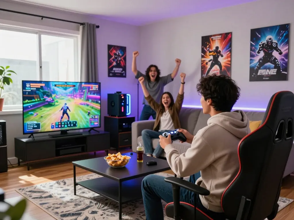 Exciting gaming experience showcasing the link tải sun win mới nhất in a vibrant living room setting with friends, snacks, and lively atmosphere.