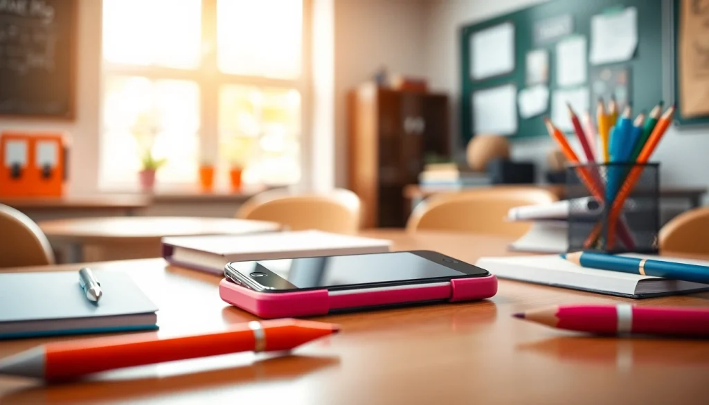 Handytasche Klassenzimmer mit stilvollem Design auf einem Schreibtisch in einer einladenden Klassenzimmer-Umgebung.