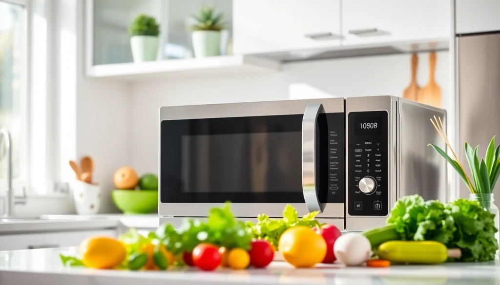 Promote microwave oven sales with a stylish kitchen showcasing a modern appliance and fresh ingredients.