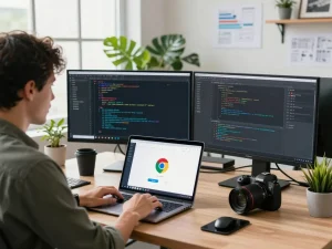 一位专业人士在现代工作空间中使用谷歌浏览器，配有多个屏幕。