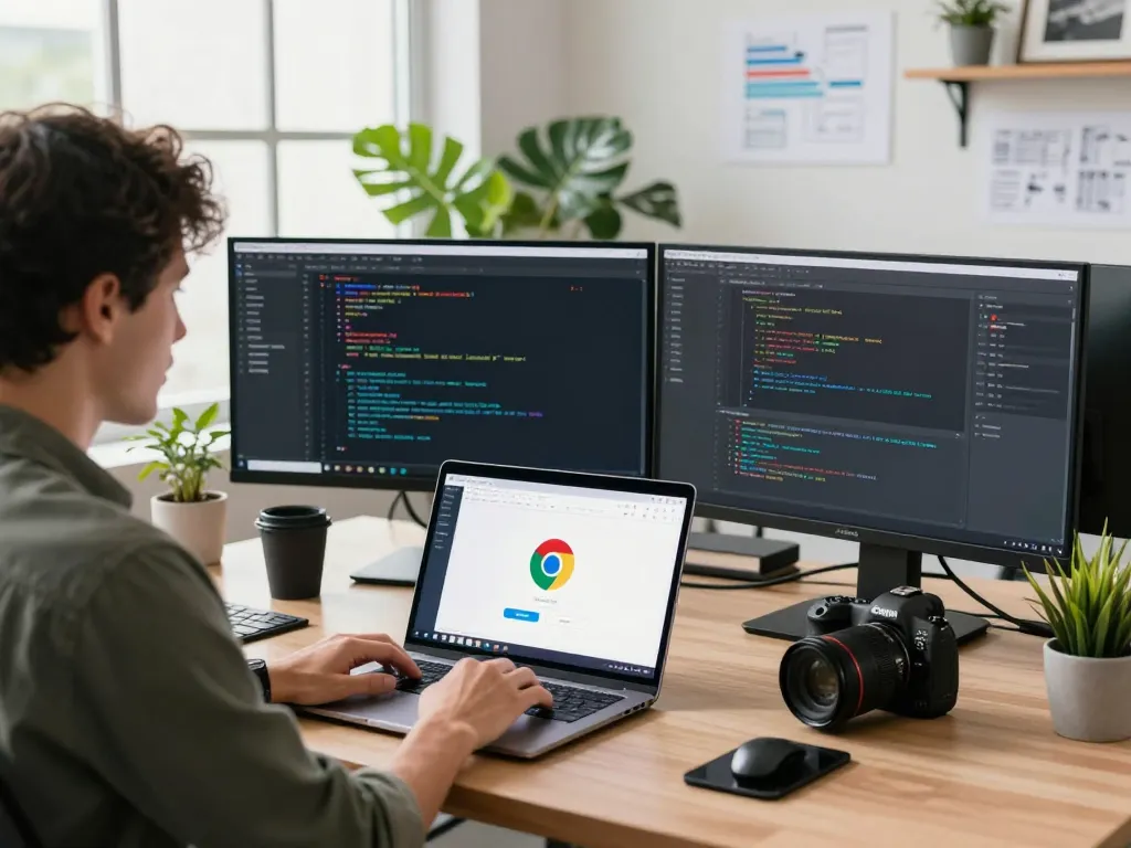 一位专业人士在现代工作空间中使用谷歌浏览器，配有多个屏幕。