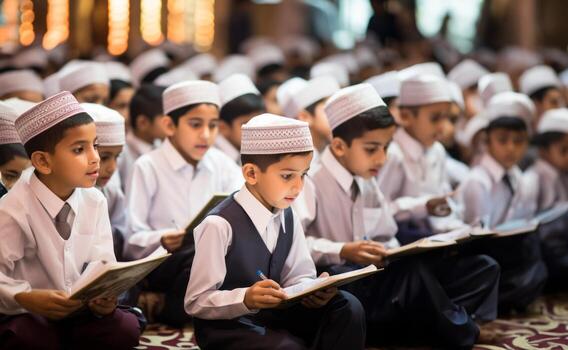 closeup-of-muslim-children-in-elegant-attire-reciting-the-quran-showcasing-their-devotion-and-cultural-heritage-generated-image-photo