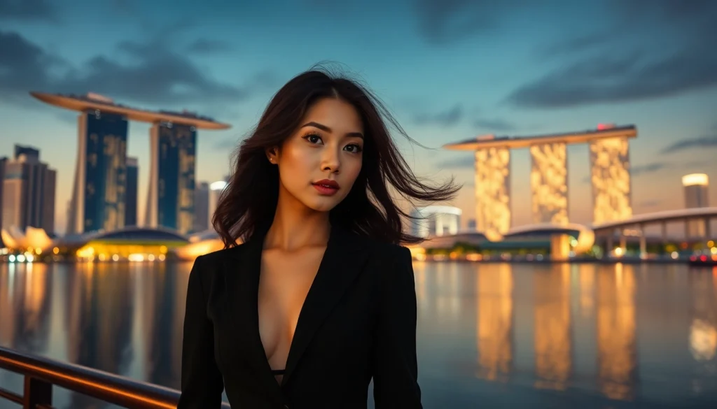 Elegant escort in Singapore against a stunning skyline, embodying luxury and professionalism.