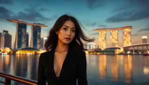 Elegant escort in Singapore against a stunning skyline, embodying luxury and professionalism.