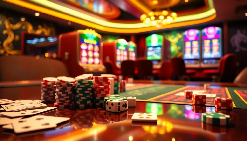 Interface engageante de casino en ligne mettant en avant des jetons de poker vibrants et une atmosphère de jeu virtuelle élégante.