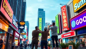 Installation team showcasing signage solutions by pm signs corporation in an urban setting.