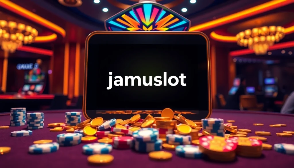Engage with jamuslot on a luxurious slot machine amidst vibrant casino ambiance.