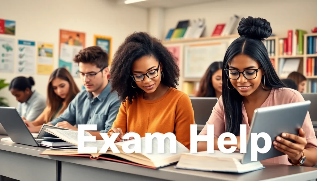 Students engaged in collaborative study for exam help in a bright classroom.