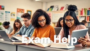 Students engaged in collaborative study for exam help in a bright classroom.