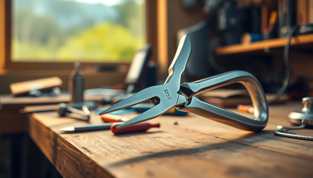 Tenaza zum Schneiden von Draht auf einer Holzwerkbank, die Qualität und Präzision betont.