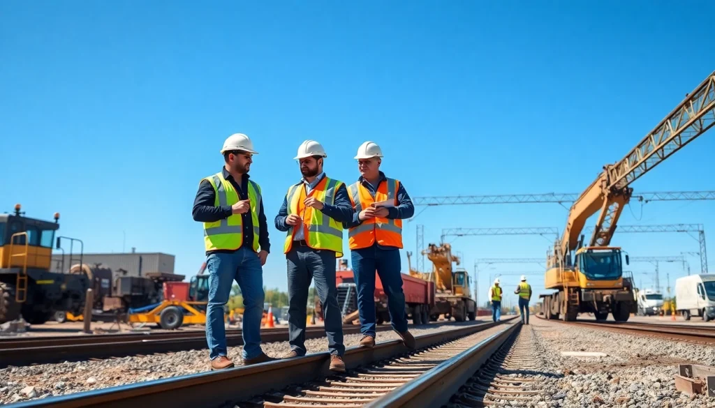 Railroad Contractors Near Me collaborating at a busy construction site with machinery.