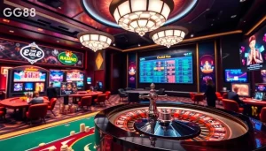 Engage in thrilling online casino action at https://gg888.info/, showcasing vibrant poker chips and roulette wheels.