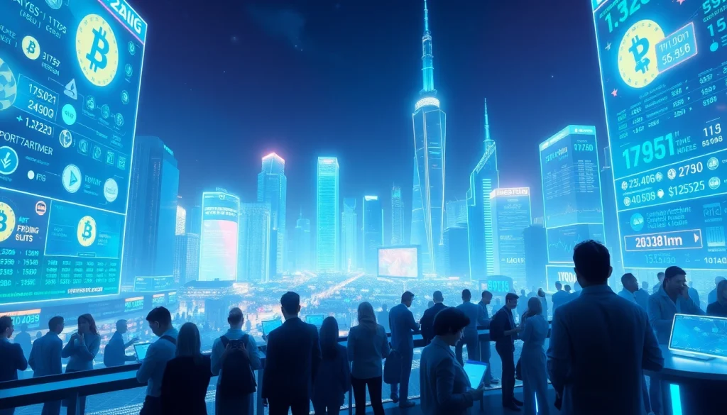 Futuristic cryptocurrency landscape representing Crypto 2026 with digital displays and diverse traders.