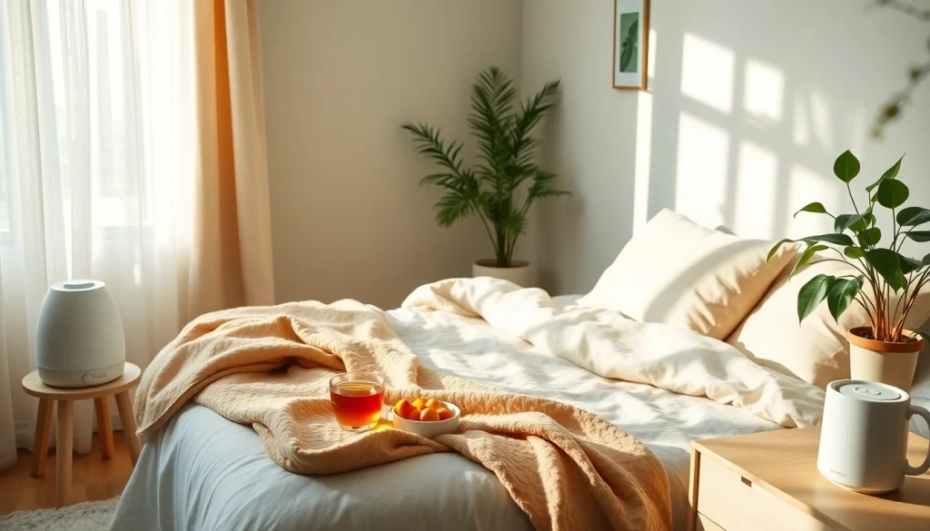 静かな寝室、落ち着いた色合いとハーブティーを用いた、風邪を一晩で治す方法を描いた画像。