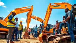 Excavator training in Durban featuring diverse trainees operating heavy machinery.