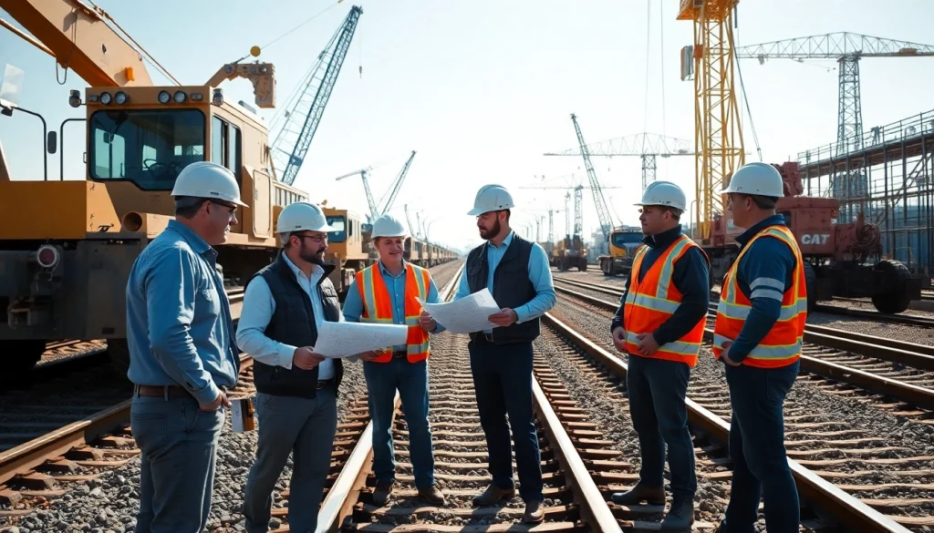 Rail contractor Canada team working on railway project at construction site.