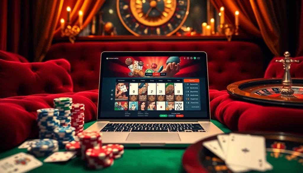 Une scène vibrante de casino en ligne avec un ordinateur portable entouré de jetons de poker et de cartes, reflétant l'excitation.