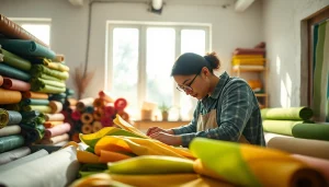 Duurzame stoffen in een creatieve werkplaats, waar een ontwerper actief werkt aan eco-vriendelijke textielprojecten.