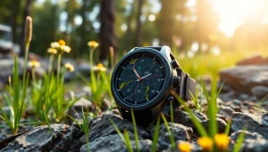 Showcasing the Explorer GPS Smart Watch in an outdoor setting with vibrant map display.