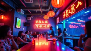 즐거운 손님들과 함께 노래방과 오락 장소가 있는 제주도유흥의 생동감 넘치는 장면.