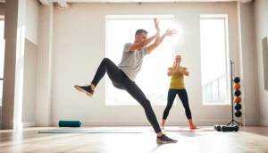 Movenetics fitness coach demonstrating dynamic exercises in a bright studio setting.