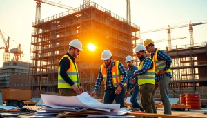 Construction association professionals collaborating on a large project at sunrise, showcasing teamwork.