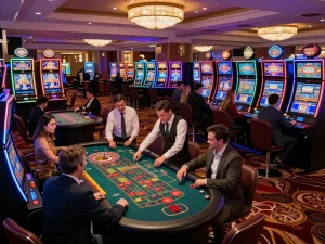 Betbet players enjoying a thrilling moment at a vibrant casino floor with exciting games and atmosphere