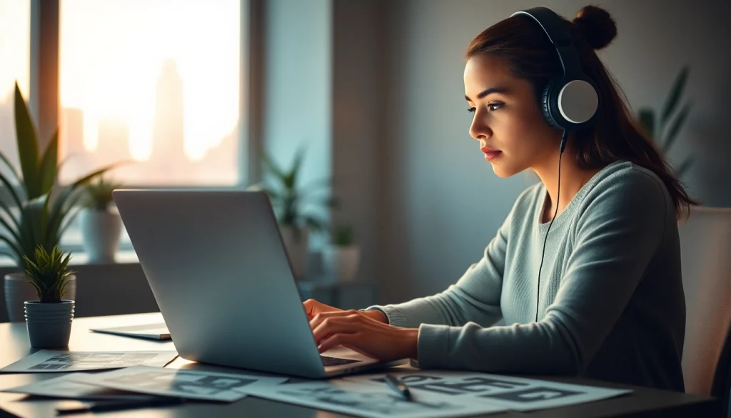Young woman using an image to prompt tool in a modern workspace.