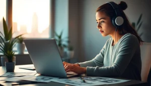 Young woman using an image to prompt tool in a modern workspace.