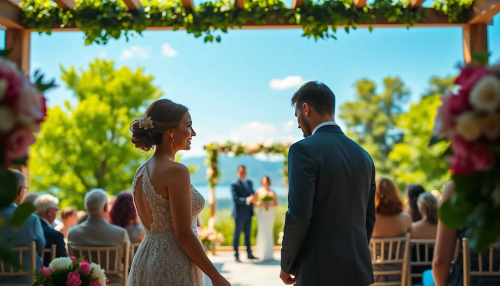 Wedding photographer capturing a magical outdoor wedding ceremony with lush greenery and joyful couple.