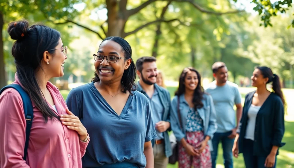 Promoting mental health awareness through supportive conversations in a peaceful park setting.